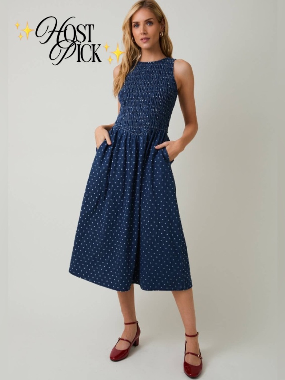 NWT Sunday Edition by Le Lis Sleeveless Navy Polka Dot Midi Dress